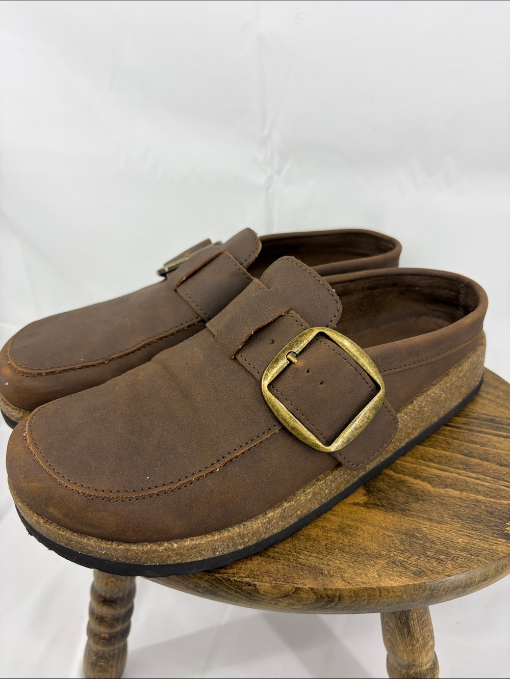 Mountain Sole Womens Comfort Big Buckle Cork Mule Clog Dark Brown Suede, sz 9